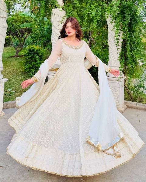 Off White Sequin & Mirror Embroidery Work Georgette Long Gown with Dupatta for Receptions & Parties Ready To Wear Collection