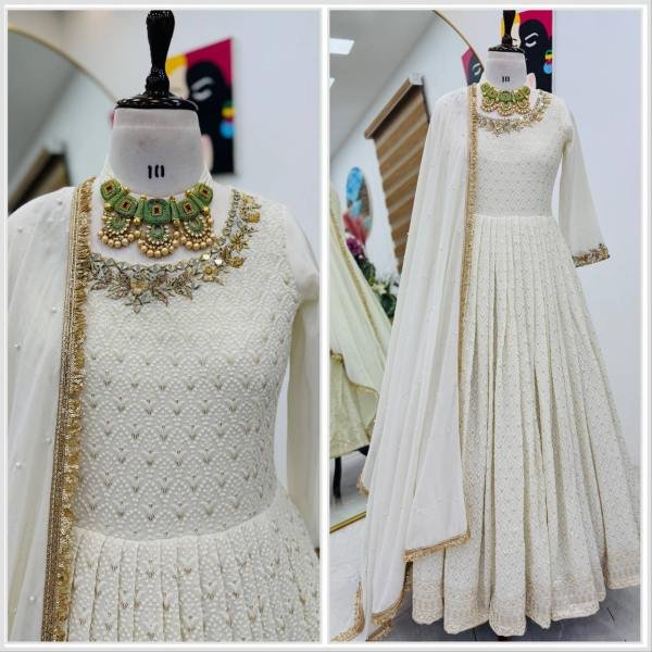 Off White Sequin & Mirror Embroidery Work Georgette Long Gown with Dupatta for Receptions & Parties Ready To Wear Collection