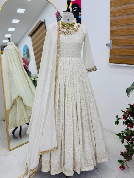 Off White Sequin & Mirror Embroidery Work Georgette Long Gown with Dupatta for Receptions & Parties Ready To Wear Collection