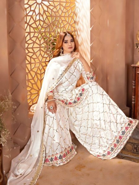 Off White Sharara Suit in Chinon Silk with Sequins Reception Ready Look Ready To Wear Suit
