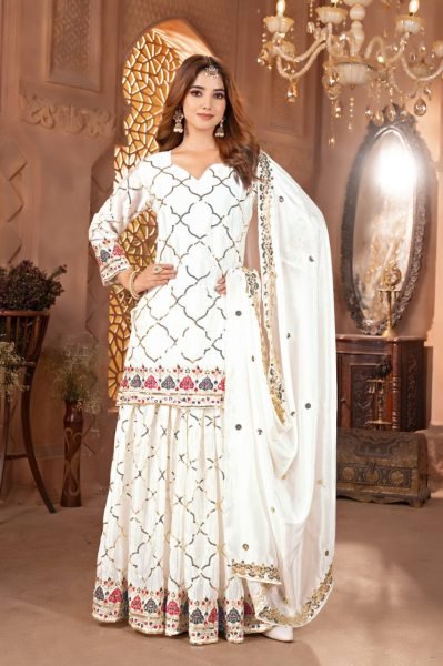 Off White Sharara Suit in Chinon Silk with Sequins Reception Ready Look Ready To Wear Collection
