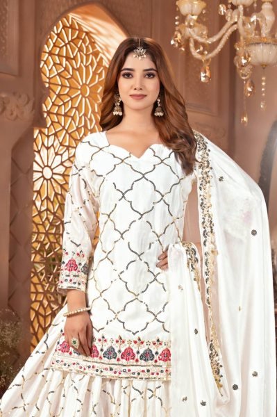 Off White Sharara Suit in Chinon Silk with Sequins Reception Ready Look Ready To Wear Collection