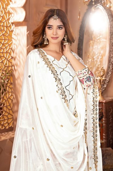 Off White Sharara Suit in Chinon Silk with Sequins Reception Ready Look Ready To Wear Collection