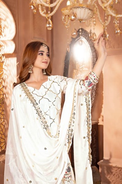 Off White Sharara Suit in Chinon Silk with Sequins Reception Ready Look Ready To Wear Collection
