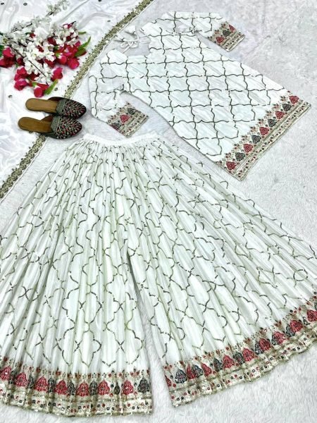Off White Sharara Suit in Chinon Silk with Sequins Reception Ready Look Ready To Wear Collection