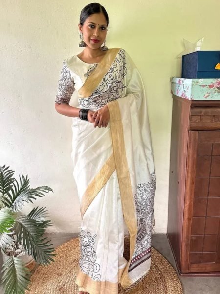 Off White Soft Linen Cotton Saree with Traditional Kalamkari Digital Artwork and Blouse Sarees 
