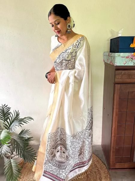 Off White Soft Linen Cotton Saree with Traditional Kalamkari Digital Artwork and Blouse Printed Cotton Sarees Wholesale