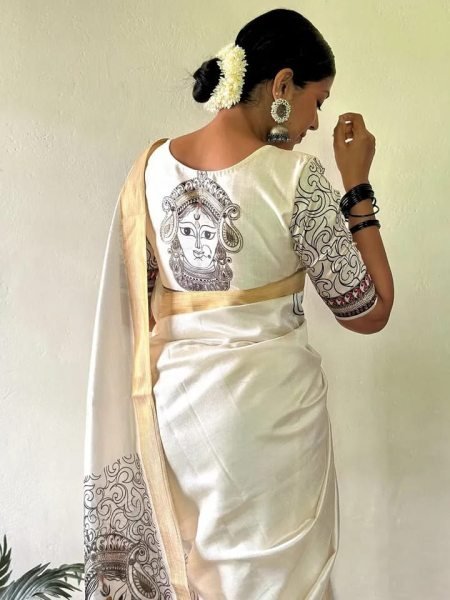 Off White Soft Linen Cotton Saree with Traditional Kalamkari Digital Artwork and Blouse Printed Cotton Sarees Wholesale