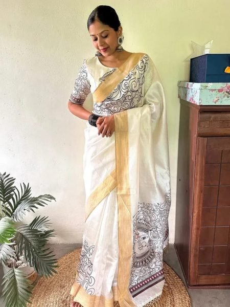 Off White Soft Linen Cotton Saree with Traditional Kalamkari Digital Artwork and Blouse Printed Cotton Sarees Wholesale
