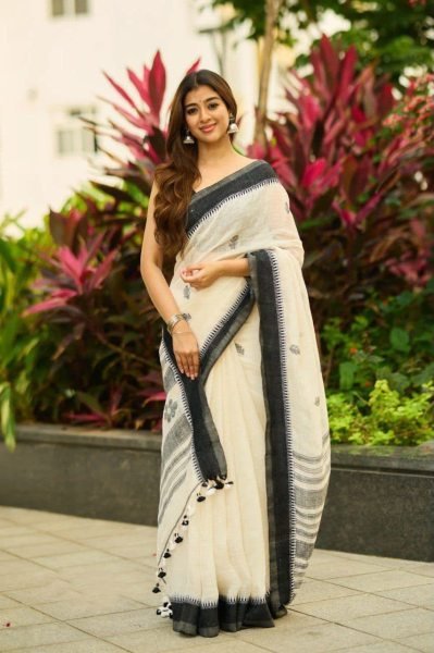 Off White Soft Linen Slub Saree with Rich Pallu Jacquard Weaving and Jacquard Border Blouse Linen Sarees Wholesale