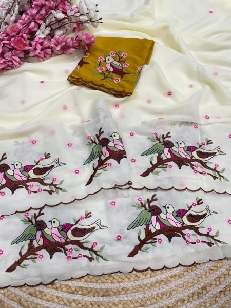 Off White Star Georgette Saree with Multi Embroidery Panel Work and Arco Borderat Wholesale Rate Sarees 