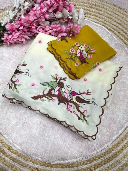 Off White Star Georgette Saree with Multi Embroidery Panel Work and Arco Borderat Wholesale Rate Bollywood Fancy Sarees Wholesale