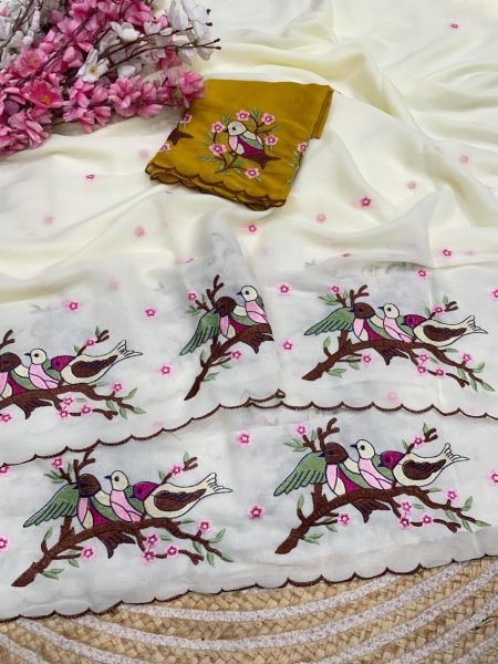 Off White Star Georgette Saree with Multi Embroidery Panel Work and Arco Borderat Wholesale Rate Bollywood Fancy Sarees Wholesale