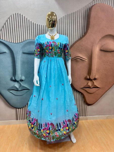 Office Elegance Light Blue Kora Cotton Embroidered Kurti with Soft Lining