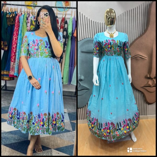 Office Elegance Light Blue Kora Cotton Embroidered Kurti with Soft Lining Anarkali Kurtis 