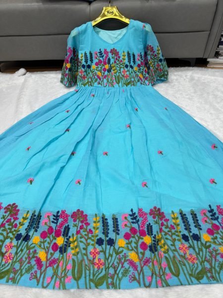 Office Elegance Light Blue Kora Cotton Embroidered Kurti with Soft Lining Anarkali Kurtis 
