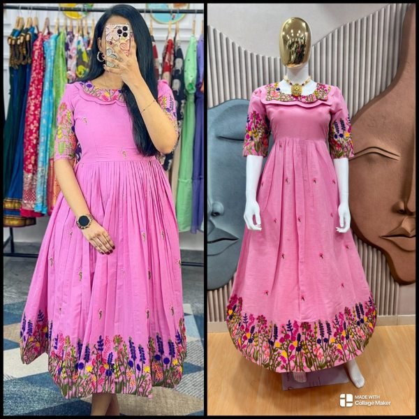  Office to Evening Wear Pink Kora Cotton Kurti Elegant Embroidery with Inner Lining Anarkali Kurtis 