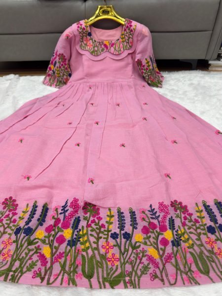  Office to Evening Wear Pink Kora Cotton Kurti Elegant Embroidery with Inner Lining Anarkali Kurtis 