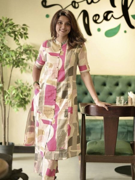 Office Wear Perfection Pink Poly Rayon Suit Set with Digital Print Ready to Wear Kurtis