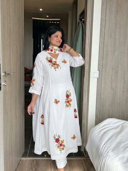 OffWhite Air Tex Chinon Embroidered Kurti Pant Dupatta Set with Patch Work 