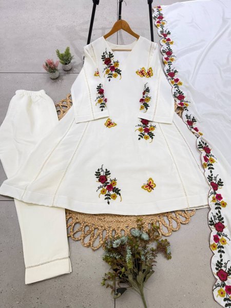 OffWhite Air Tex Chinon Embroidered Kurti Pant Dupatta Set with Patch Work Ready To Wear Collection