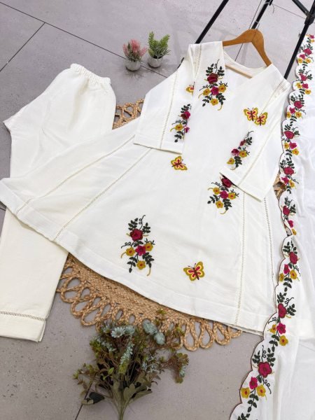OffWhite Air Tex Chinon Embroidered Kurti Pant Dupatta Set with Patch Work Ready To Wear Collection