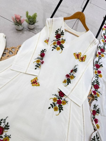 OffWhite Air Tex Chinon Embroidered Kurti Pant Dupatta Set with Patch Work Ready To Wear Collection