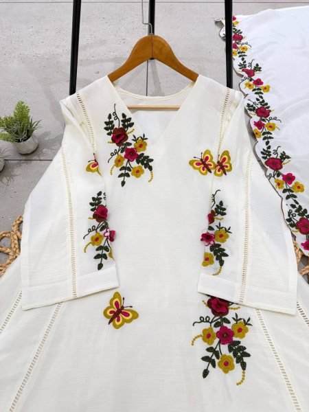 OffWhite Air Tex Chinon Embroidered Kurti Pant Dupatta Set with Patch Work Ready To Wear Collection