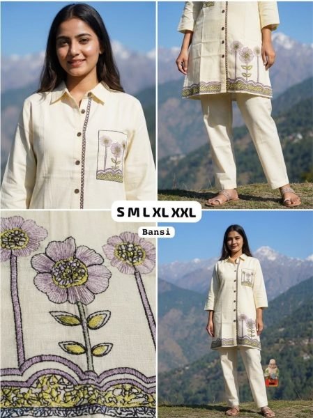 OffWhite Designer Khadi Cotton Shirt and Trouser Co Ord Set with Floral Embroidery CO ORD Sets