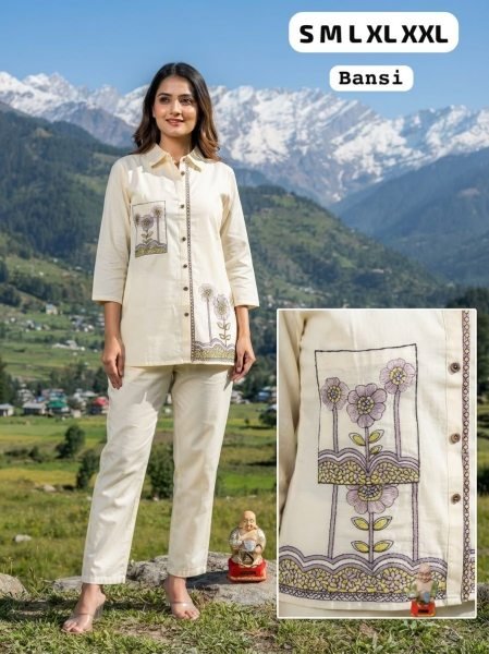 OffWhite Designer Khadi Cotton Shirt and Trouser Co Ord Set with Floral Embroidery CO ORD Sets