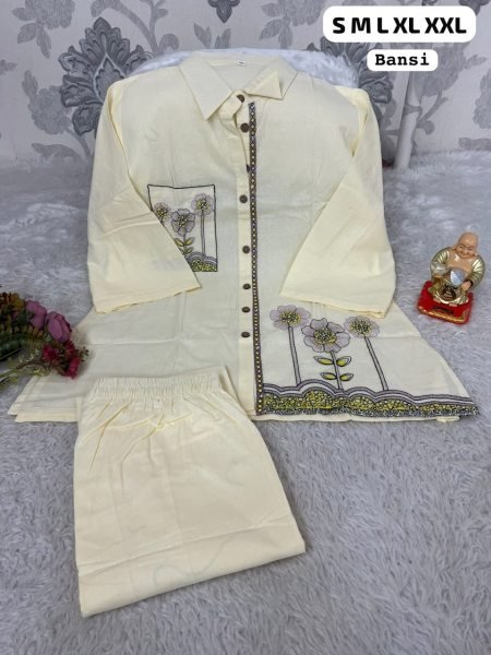 OffWhite Designer Khadi Cotton Shirt and Trouser Co Ord Set with Floral Embroidery CO ORD Sets