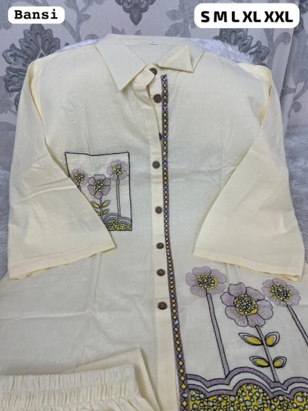 OffWhite Designer Khadi Cotton Shirt and Trouser Co Ord Set with Floral Embroidery CO ORD Sets