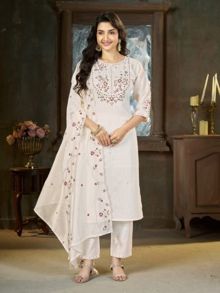 OffWhite Designer Mal Chanderi Anarkali Suit with Diamond Grid Hand Work at Manufacturer  Kurtis
