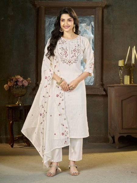 OffWhite Designer Mal Chanderi Anarkali Suit with Diamond Grid Hand Work at Manufacturer  Embroidery Kurtis 
