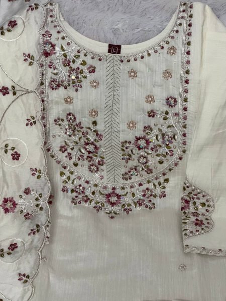 OffWhite Designer Mal Chanderi Anarkali Suit with Diamond Grid Hand Work at Manufacturer  Embroidery Kurtis 