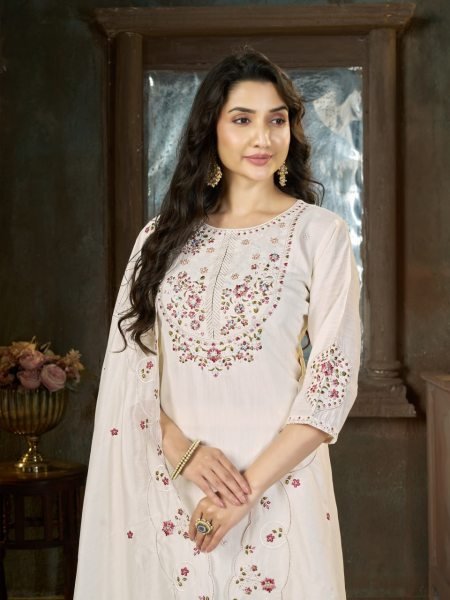 OffWhite Designer Mal Chanderi Anarkali Suit with Diamond Grid Hand Work at Manufacturer  Embroidery Kurtis 