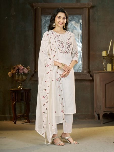 OffWhite Designer Mal Chanderi Anarkali Suit with Diamond Grid Hand Work at Manufacturer  Embroidery Kurtis 