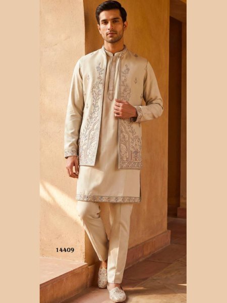 OffWhite Indo Western Collection in Pure Heavy Armani Fabric with Boutique Finish 