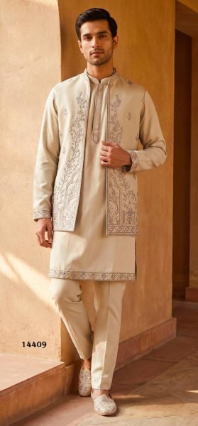 OffWhite Indo Western Collection in Pure Heavy Armani Fabric with Boutique Finish Kurta Pajama Wholesale