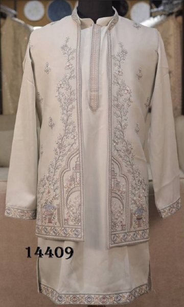 OffWhite Indo Western Collection in Pure Heavy Armani Fabric with Boutique Finish Kurta Pajama Wholesale