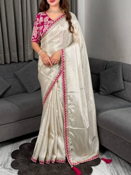 OffWhite Pure Viscose Satin Saree with Sequins Embroidered Lace and Designer Blouse 
