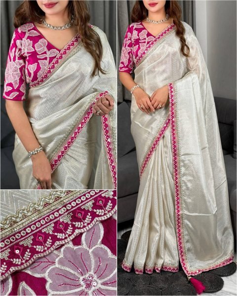 OffWhite Pure Viscose Satin Saree with Sequins Embroidered Lace and Designer Blouse Designer Wedding Sarees Wholesale