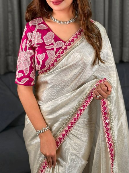 OffWhite Pure Viscose Satin Saree with Sequins Embroidered Lace and Designer Blouse Designer Wedding Sarees Wholesale