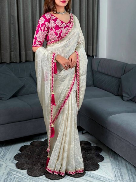 OffWhite Pure Viscose Satin Saree with Sequins Embroidered Lace and Designer Blouse Designer Wedding Sarees Wholesale