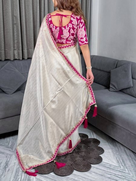 OffWhite Pure Viscose Satin Saree with Sequins Embroidered Lace and Designer Blouse Designer Wedding Sarees Wholesale