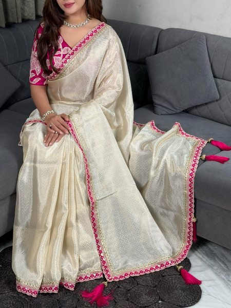 OffWhite Pure Viscose Satin Saree with Sequins Embroidered Lace and Designer Blouse Designer Wedding Sarees Wholesale