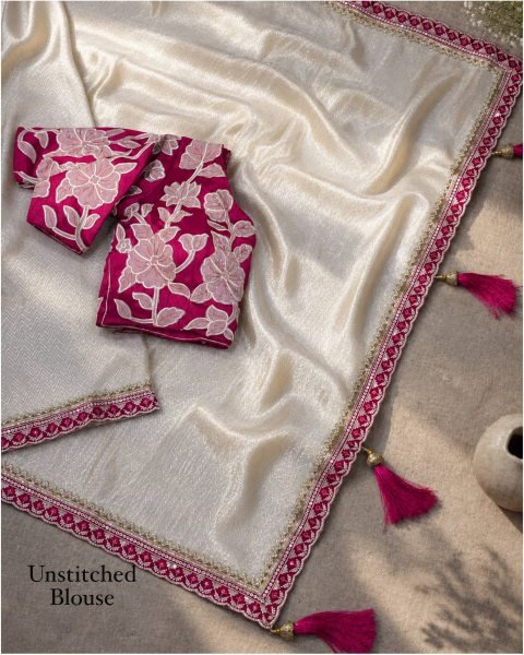 OffWhite Pure Viscose Satin Saree with Sequins Embroidered Lace and Designer Blouse Designer Wedding Sarees Wholesale