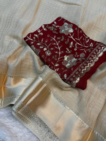 OffWhite Ready to Wear Style Pure Viscose Georgette Saree with Party Wear Blouse Georgette Sarees Wholesale