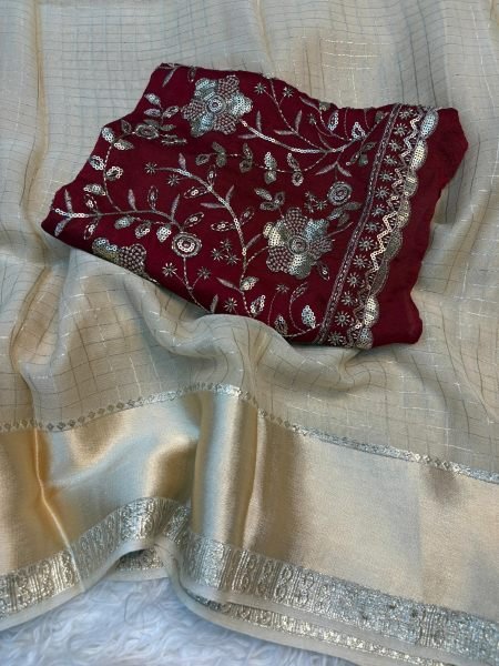 OffWhite Ready to Wear Style Pure Viscose Georgette Saree with Party Wear Blouse Georgette Sarees Wholesale