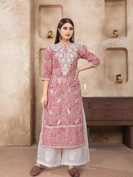 Old Rose Cotton Kurta Set with White Palazzo Dailywear Ethnic Style for Women Kurtis